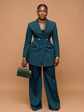 Deep Teal Double-Breasted Power Suit Set – Tailored 2-Piece Blazer and Wide-Leg Trousers
