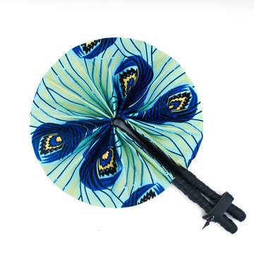 Hand fan - Blue Peacock - Black Vegan Leather 100% Cotton  | Summer &amp; Travel Accessories