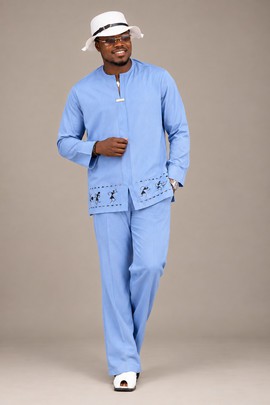 Men’s Sky Blue Senator 2-Piece Outfit with Embroidered Tunic &amp; Trousers
