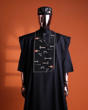 A Charcoal Black, “ise ni ogun ise” - work is the antidote of poverty - embroidery details Agbada