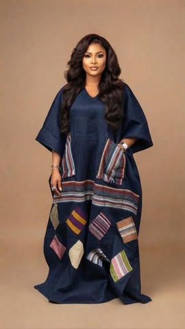 Robe longue à motifs bleus et marrons