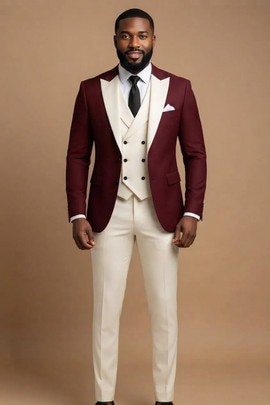 Blazer bordeaux et costume trois pièces crème