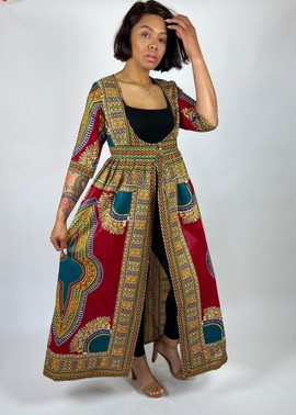 African Print Ankara Red Multicolor Dashiki Duster