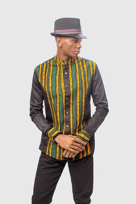 Colourful African Print Ankara &amp; black Cotton Mix Shirt, Mens Clothing