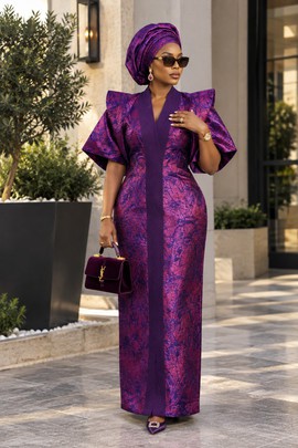Women's Purple Jacquard Maxi Dress – Structured Puff Sleeve Brocade Gown