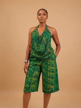 Women African Chic Green Adire Halter Neck and Culotte Set
