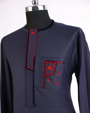 A Midnight Blue, thick midpoint embrodery, tomato red Swarovski stone detailing kaftan native