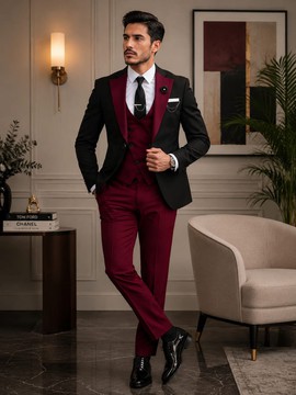 Men's Black &amp; Burgundy 3-Piece Suit – Peak Lapel Blazer with Double-Breasted Waistcoat &amp; Trousers