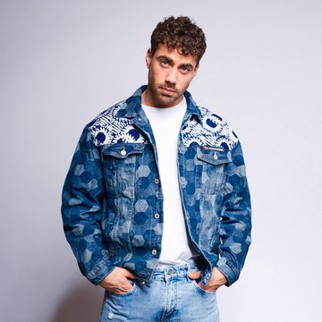 Stonewash denim jacket with a touch of batik (adire)