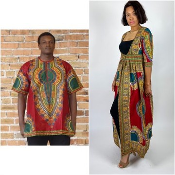African Print Ankara Red Multicolor Dashiki Print Men's Shirt and Women's Duster Dress Couple Set