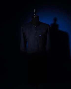 A Navy Blue, Pin Stripe, front flap &amp; Pocket interchanged, 3/4 sleeve African kaftan