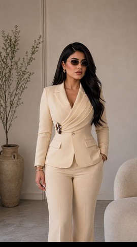 Women's Beige Draped Wrap Blazer &amp; Trousers Set – Suiting Fabric Two-Piece with Buckle Detail