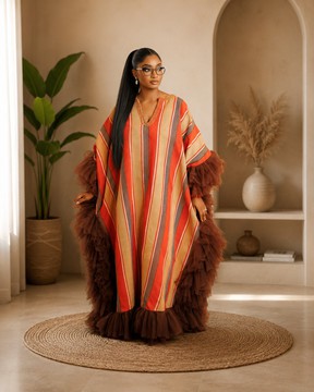 Robe kaftan Aso Oke pour femme avec bordure à volants en tulle – Boubou rayé oversize, orange et marron