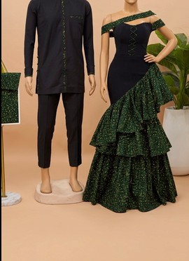 Elegant African Couple Outfit Set Senator Suit for Men &amp; Off-Shoulder Ruffle Mermaid Gown