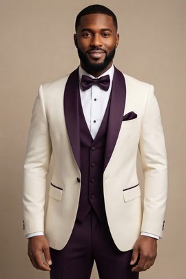 Smoking crème avec revers châle en satin violet profond et gilet