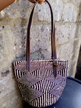 African women beach/outdoor bag 2021/sisal/black and white/leather