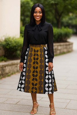 African Tribal Flare Skirt | Cowrie Print Midi Length