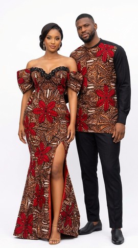 Couple Matching African Outfit, Off-Shoulder Ankara Mermaid Dress &amp; Men’s Traditional Shirt Set