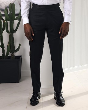 A Straight Cut, charcoal black, side metal adjuster &amp; silk taping tuxedo pant