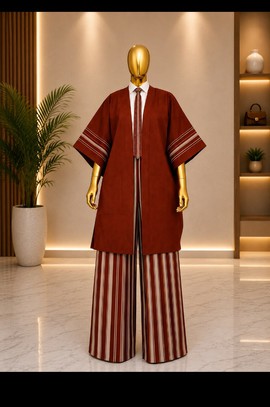 Women's Rust Brown Kimono Cardigan &amp; Aso Oke Striped Wide-Leg Trouser Set – Half-Sleeve Robe