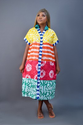 African Adire Midi dress (yellow/orange/pink/green)