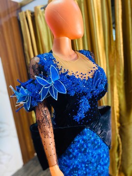 Blue luxury lace dress, lace dress with beads, African wedding e