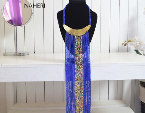 African tribal royal blue necklace | Romantic beaded fringe neck piece | Gift for her