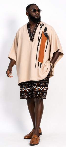 Ensemble kaftan et short pour homme en imprimé africain – Beige | Coupe décontractée et luxueuse