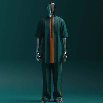 Ensemble kaftan à blocs de couleurs vert canard et orange pour homme – Tunique à manches courtes avec pantalon assorti