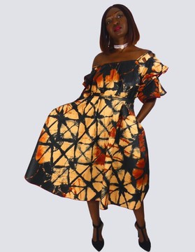 chinese dress ladies African Off-Shoulder Layered Midi Dress – 100% Cotton w/ Smocked Waist &  Headwrap – Satsuma African Clothing main image 0