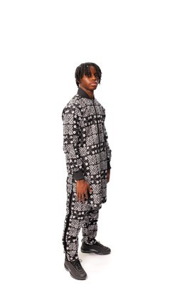 Black &amp; White Bogolan Print Shirt and Matching Side Stripe Pants, Bogolan Print 2piece Set