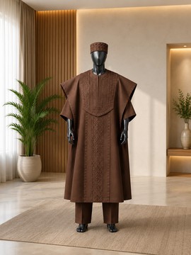 Men's Brown Embroidered Agbada Set – 3-Piece Traditional African Babban Riga with Cap &amp; Trousers