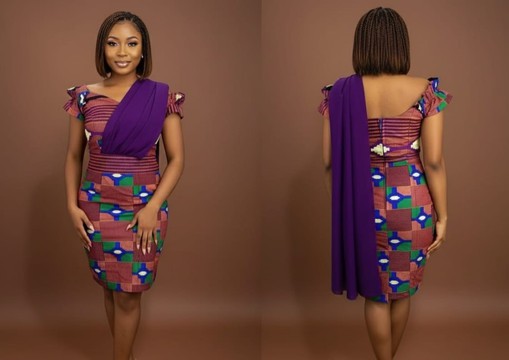 Luxury Ankara Midi Dress with Draped Shoulder Detail – African Print Fitted Wedding Guest Outfit