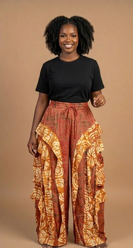 Earth-Tone Adire Ruffled Wide-Leg Trousers