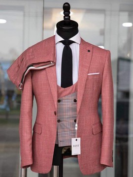 Men's Coral Pink 3-Piece Suit – Peak Lapel Blazer with Plaid Waistcoat &amp; Trousers