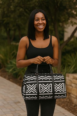 African Leather Bag for Travel Mud Cloth Zigzag Black &amp; White