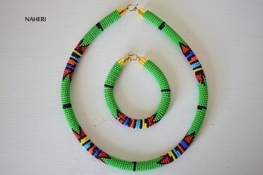 African Maasai Beaded Necklace | Zulu green necklace with matching bracelet