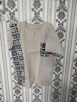 Cream Cotton Men’s Shirt with Navy Abstract Panel and Coordinated Pocket Detail