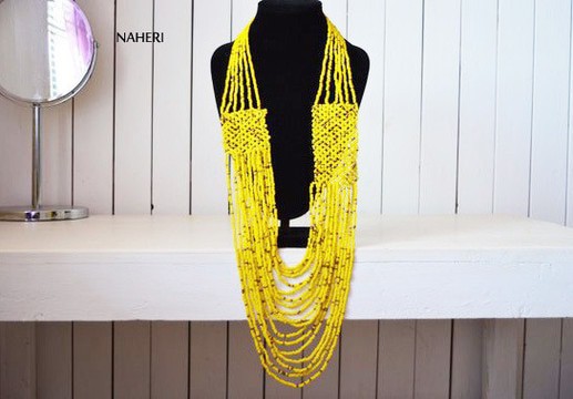 African beaded scarf necklace | African tribal handmade jewelry | Yellow jewellery