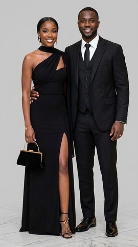One-Shoulder Gown &amp; Three-Piece Suit  A Couple's Story in All Black
