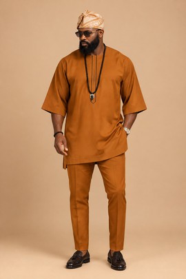 Ensemble de kaftan marron caramel pour homme avec pantalon assorti – Tenue traditionnelle africaine élégante deux pièces