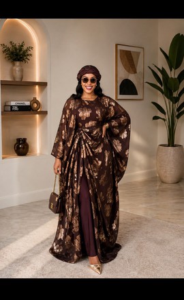Ensemble tunique longue et pantalon à jambes larges à imprimé floral marron et doré pour femme, avec foulard assorti