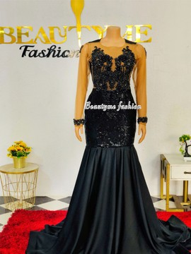 Black floor length prom dress,African satin prom mermaid dress,wedding reception dress