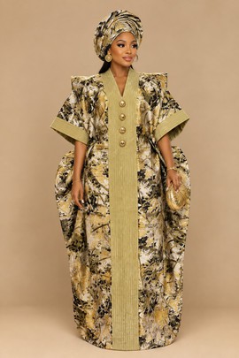 Robe boubou en brocart doré et noir avec manches remarquables et gele assorti