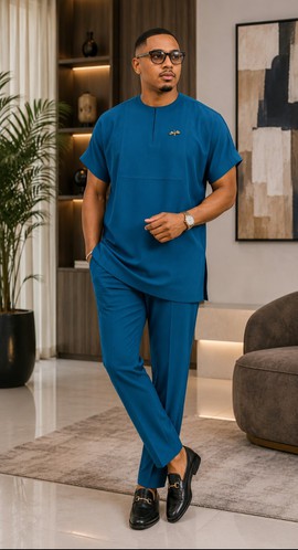 Ensemble sénateur bleu sarcelle pour homme – Tunique à manches courtes et pantalon, tenue traditionnelle nigériane