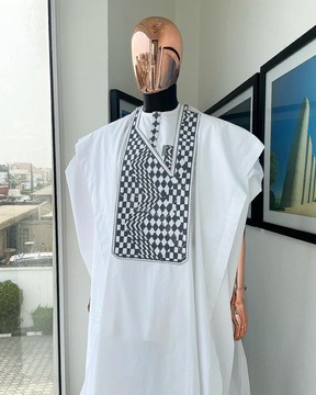 A white,Square inter-layered 3D embroidery design details agbada, buba &amp; sokoto