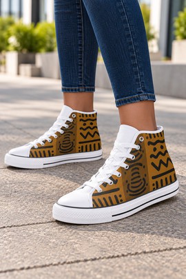 Kuba Pattern Women's Classic High Top Canvas Shoes | African Geometric Print Sneakers