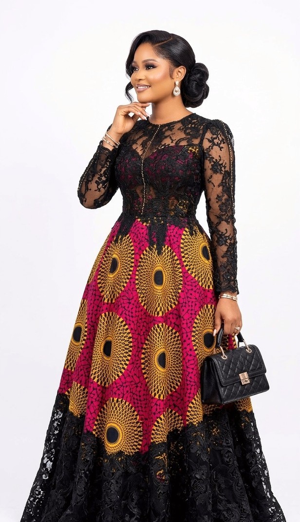 Luxury Ankara & Lace Ball Gown for Women Long Sleeve African Print - ANKA Luxury Ankara & Lace Ball Gown for Women Long Sleeve African Print - ANKA