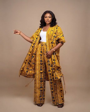Mustard Yellow and Black African Print Two-Piece Kimono, Top, and Wide-Leg Pants Set