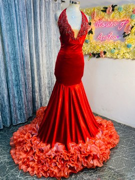 Red alter neck prom dress, red velvet dress, evening dress